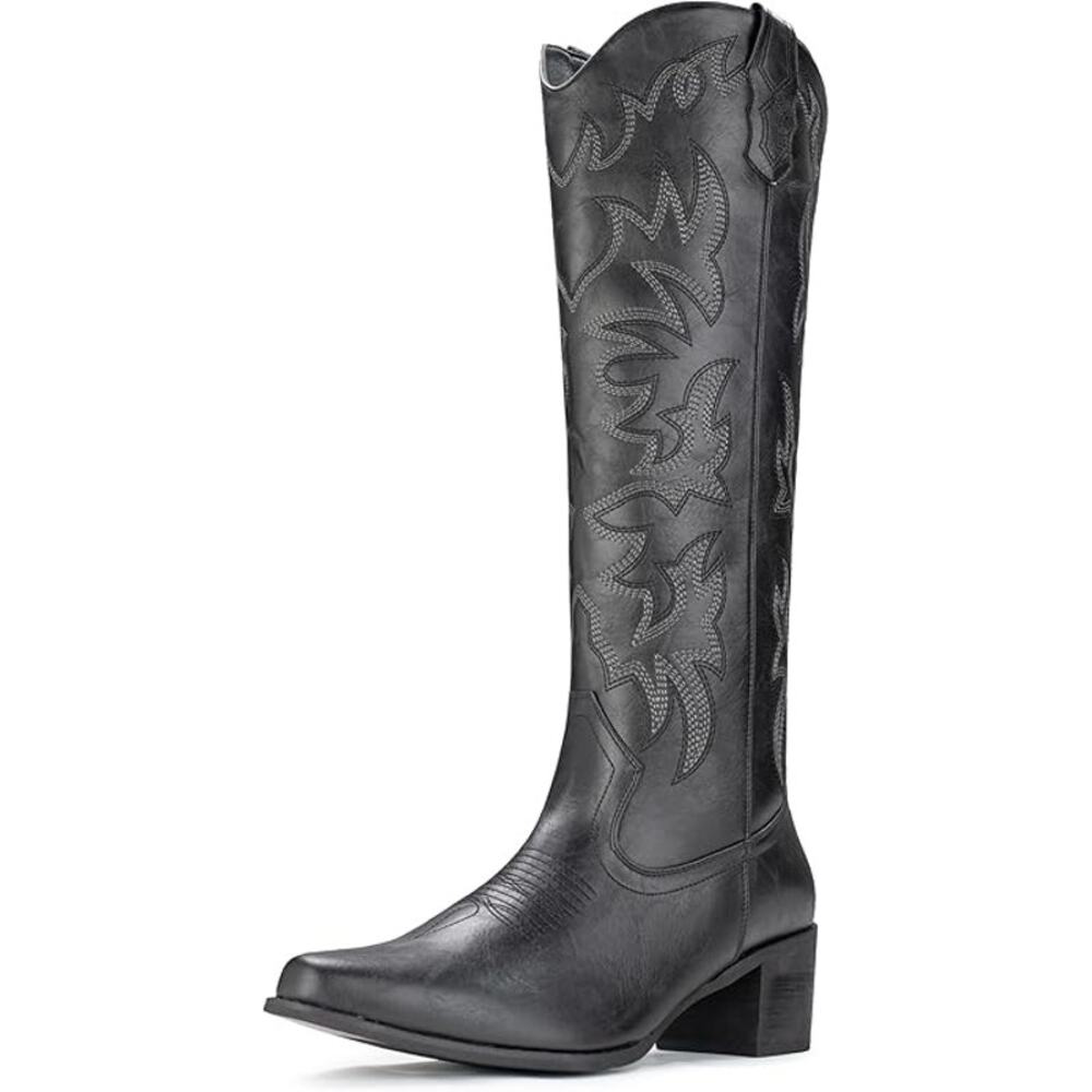 New IUV Womens 10 Black Faux Leather 2.25" Heel Knee High Cowboy Boots w Flaw